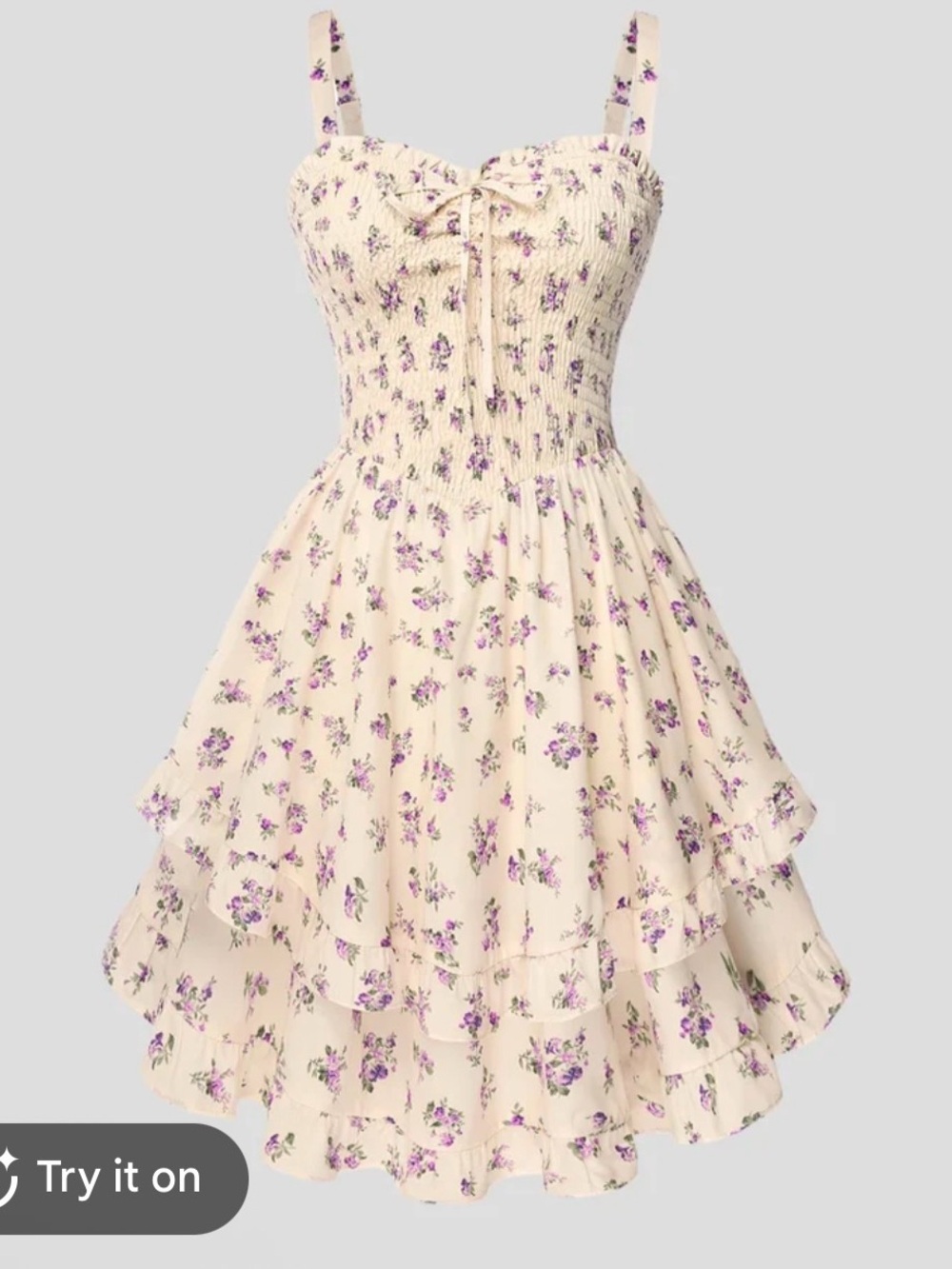 Scarlet Darkness Smocked Cream Mini Dress Purple Floral Print milkmaid tea party
